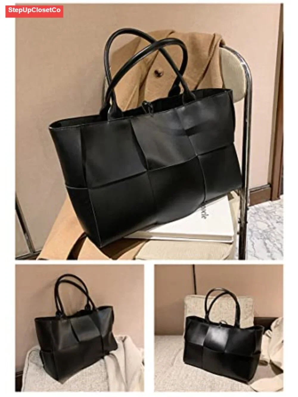 Faux Leather Woven Satchel Tote Work Bag with Matching Clutch